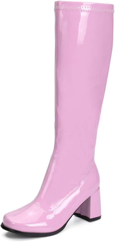 Women's Knee High Gogo Boots - Block Heel, Square Toe and Side Zip for 70s Costumes and Festival Nights - 7