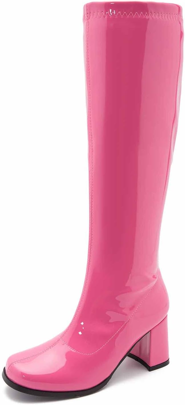 Women's Gogo Knee High Boots - Wide Calf, Square Toe and Chunky Heel with Side Zipper for Disco Costumes - 6