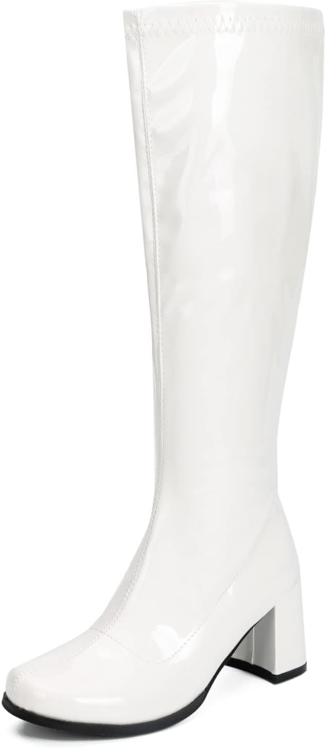 Women's Gogo Knee High Boots - Wide Calf, Square Toe and Chunky Heel with Side Zipper for Disco Costumes - 6