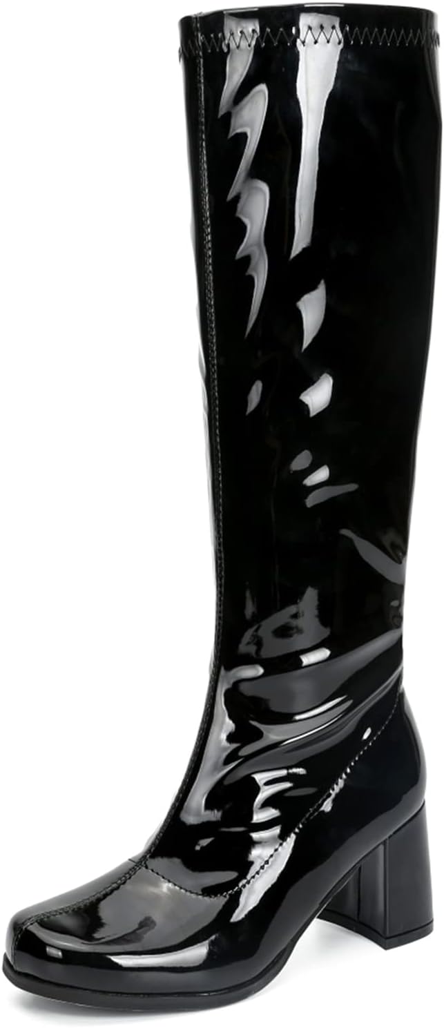 Women's Gogo Knee High Boots - Wide Calf, Square Toe and Chunky Heel with Side Zipper for Disco Costumes - 8
