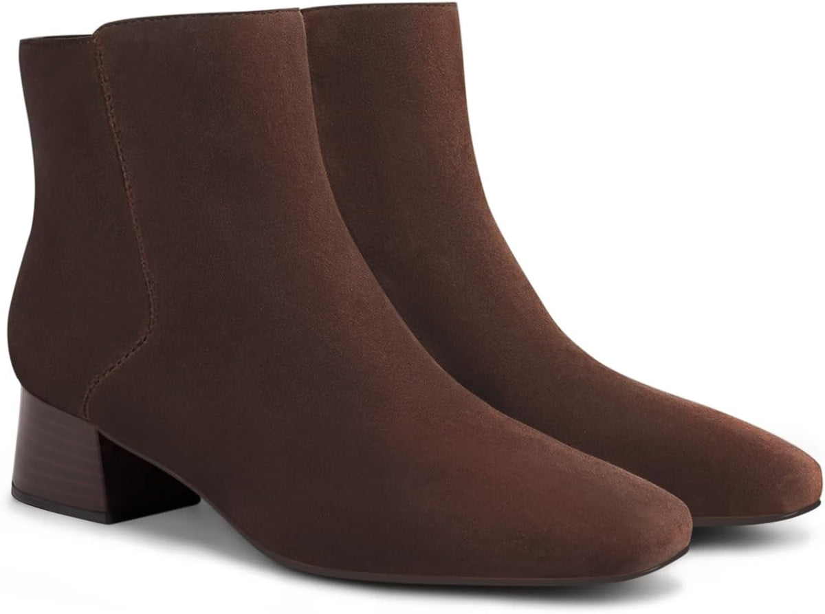 Women's Faux Suede Ankle Boots - 1.9 Inch Block Heel, Square Toe and Side Zipper for Office and Fall Wear - 6