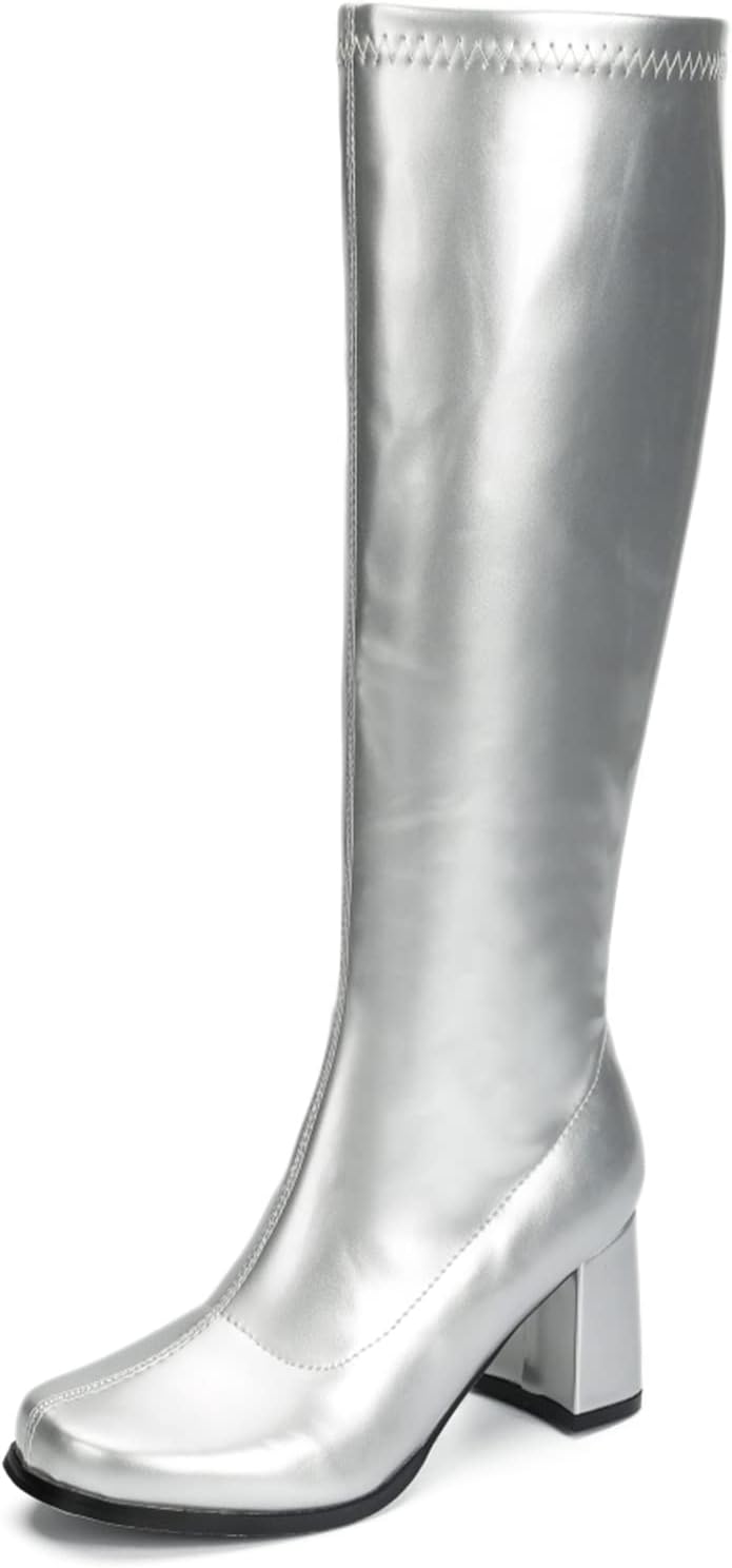 Women's Gogo Knee High Boots - Wide Calf, Square Toe and Chunky Heel with Side Zipper for Disco Costumes - 6