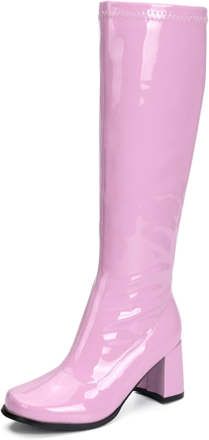 Women's Gogo Knee High Boots - Wide Calf, Square Toe and Chunky Heel with Side Zipper for Disco Costumes - 6