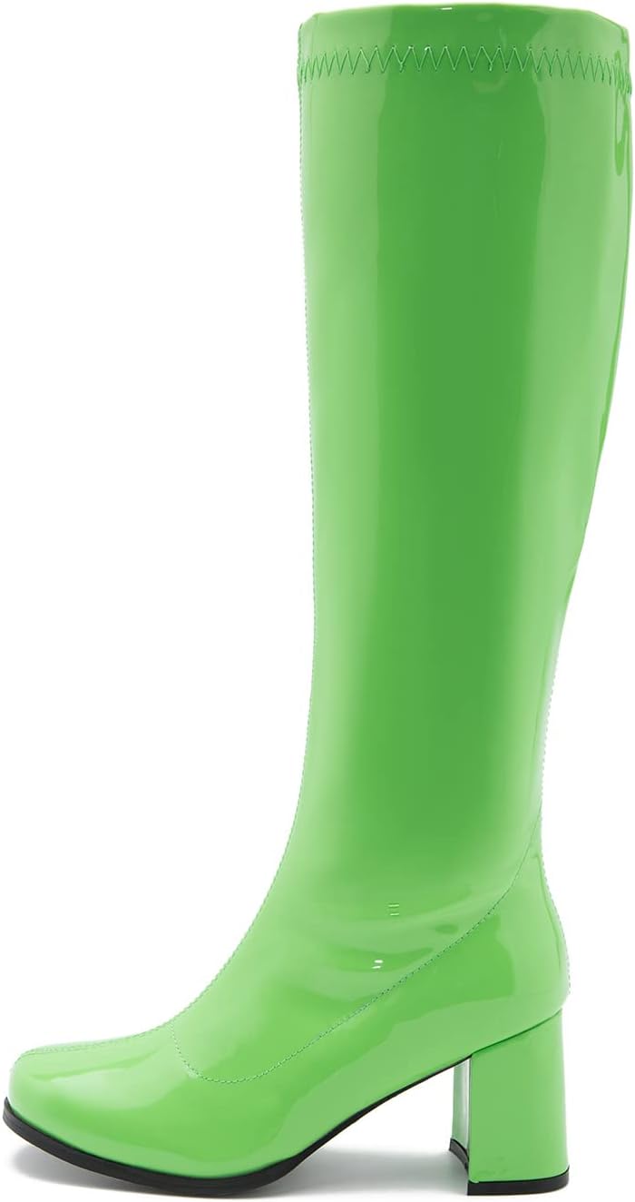 Women's Knee High Gogo Boots - Block Heel, Square Toe and Side Zip for 70s Costumes and Festival Nights - 7