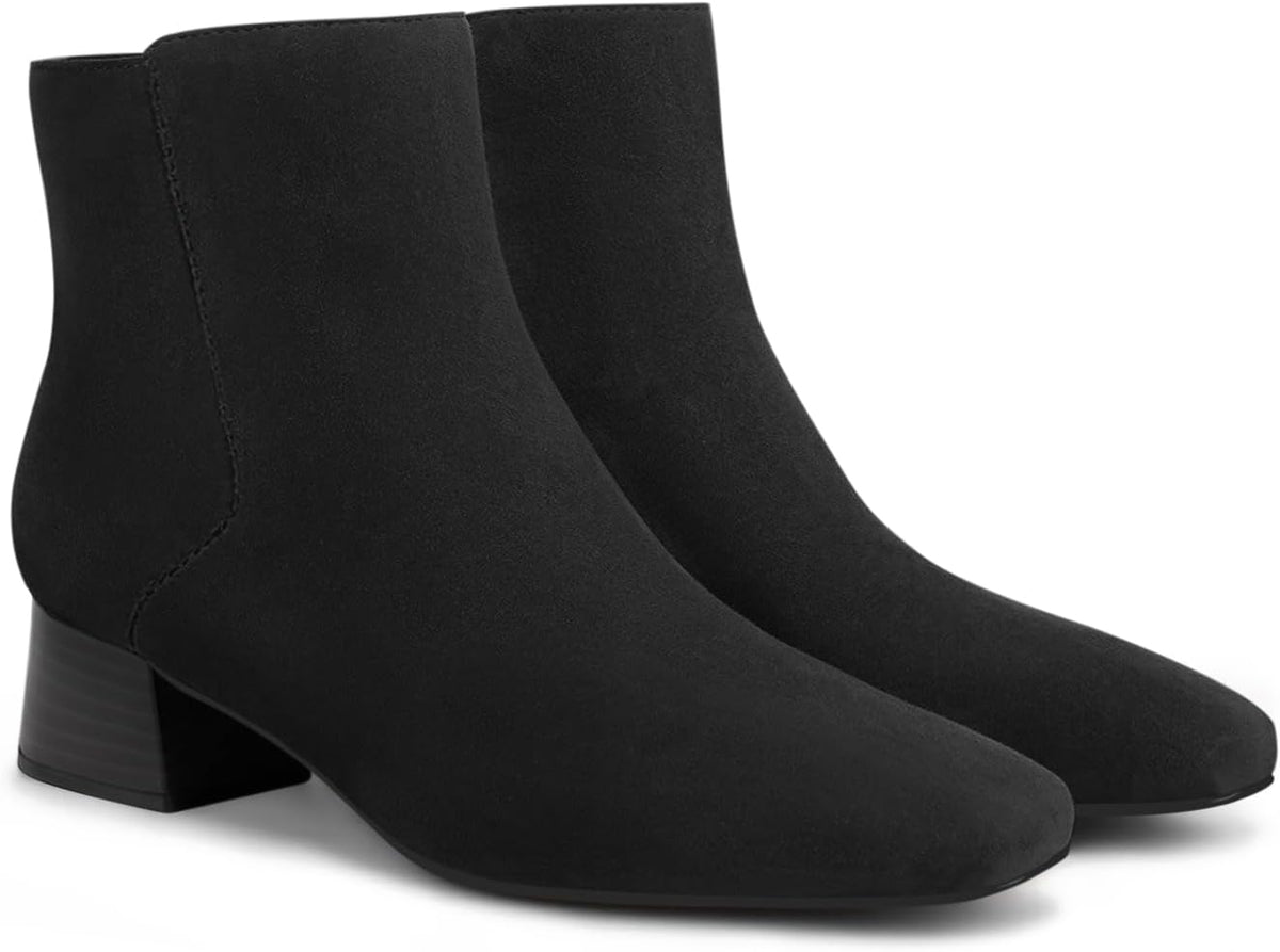 Women's Faux Suede Ankle Boots - 1.9 Inch Block Heel, Square Toe and Side Zipper for Office and Fall Wear - 6