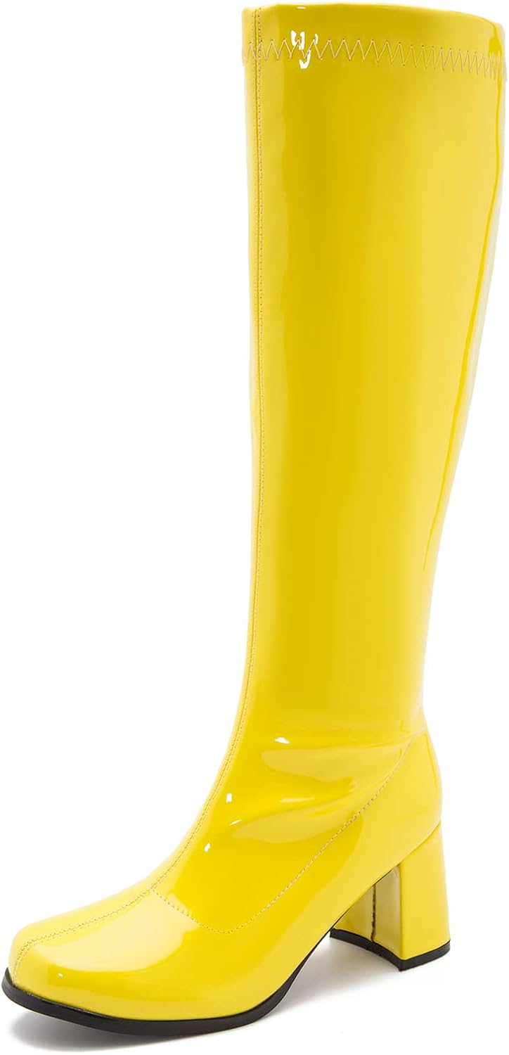 Women's Knee High Gogo Boots - Block Heel, Square Toe and Side Zip for 70s Costumes and Festival Nights - 6
