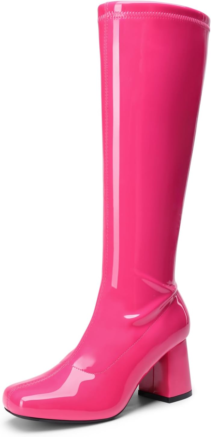 Women's Chunky Gogo Knee High Boots - Wide Calf Square Toe Tall Shafts for Disco Parties and Costume Nights - 9