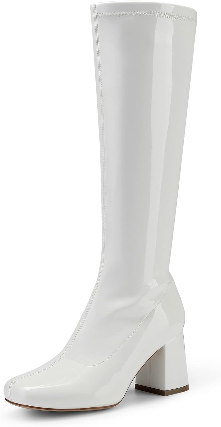 Women's Chunky Gogo Knee High Boots - Wide Calf Square Toe Tall Shafts for Disco Parties and Costume Nights - 8 Wide