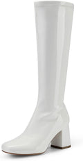 Women's Chunky Gogo Knee High Boots - Wide Calf Square Toe Tall Shafts for Disco Parties and Costume Nights - 8 Wide