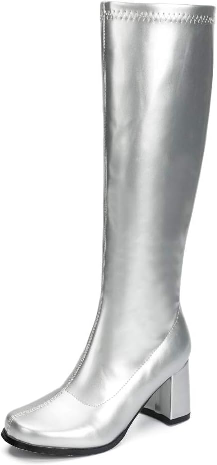 Women's Knee High Gogo Boots - Block Heel, Square Toe and Side Zip for 70s Costumes and Festival Nights - 6