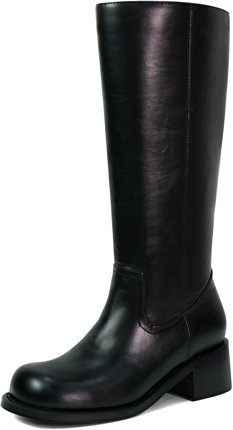 Women's Knee High Boots - Square Toe with Chunky Block Low Heel and Long Shafts for Fall Layering - 6