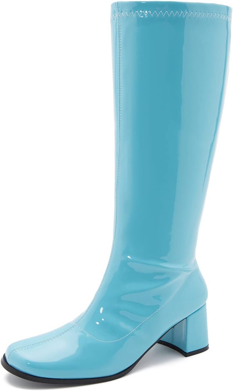 Women's Knee High Gogo Boots - Block Heel, Square Toe and Side Zip for 70s Costumes and Festival Nights - 6