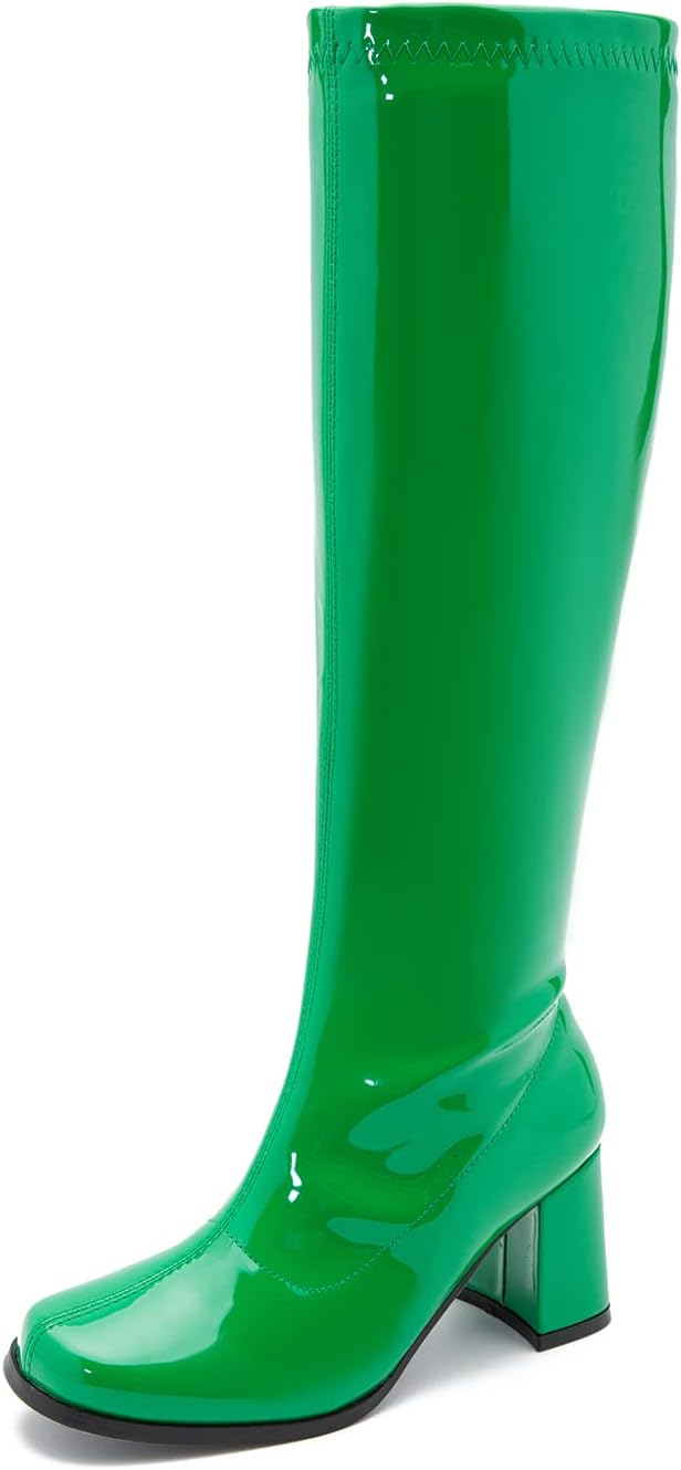 Women's Gogo Knee High Boots - Wide Calf, Square Toe and Chunky Heel with Side Zipper for Disco Costumes - 6