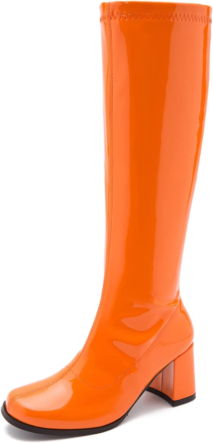 Women's Knee High Gogo Boots - Block Heel, Square Toe and Side Zip for 70s Costumes and Festival Nights - 6