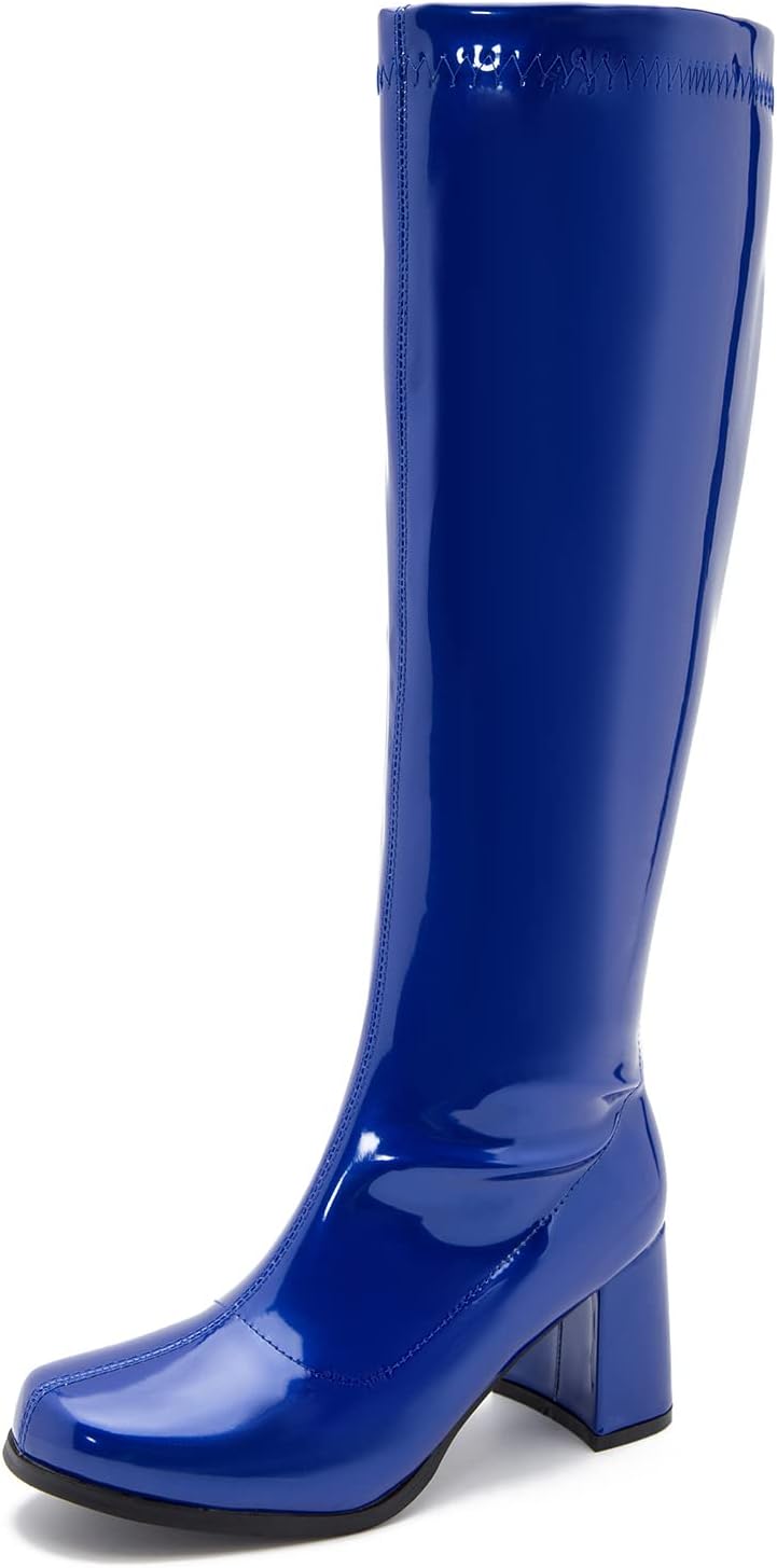 Women's Gogo Knee High Boots - Wide Calf, Square Toe and Chunky Heel with Side Zipper for Disco Costumes - 6