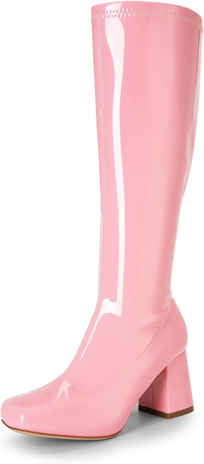 Women's Chunky Gogo Knee High Boots - Wide Calf Square Toe Tall Shafts for Disco Parties and Costume Nights - 9