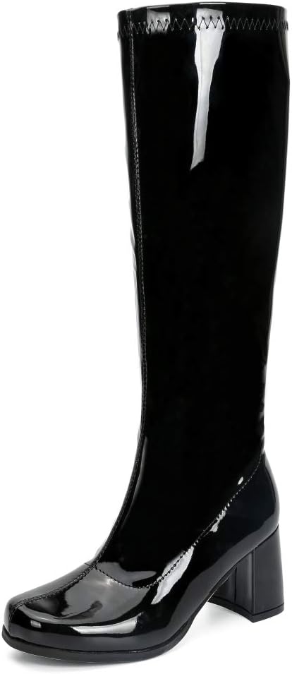 Women's Knee High Gogo Boots - Block Heel, Square Toe and Side Zip for 70s Costumes and Festival Nights - 6