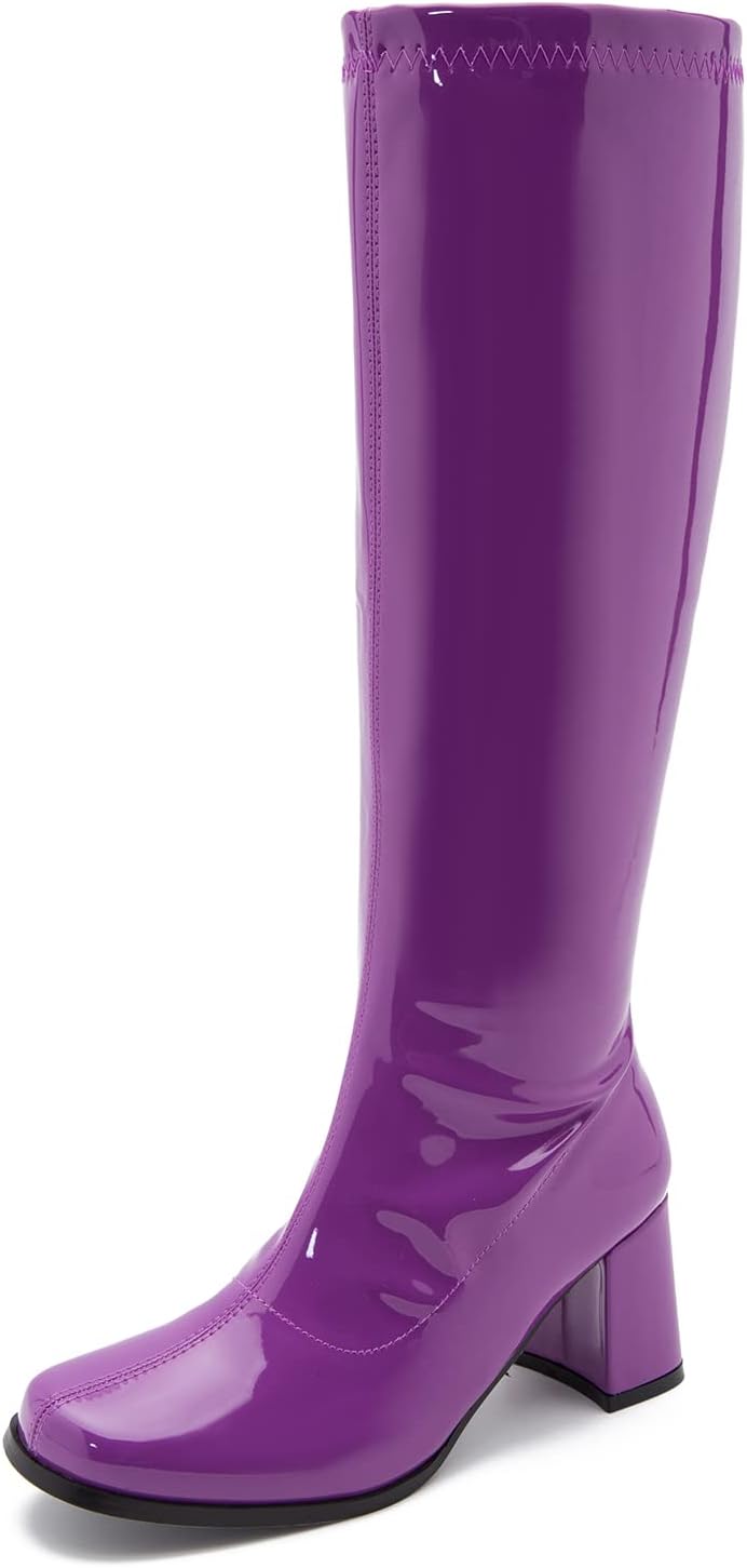 Women's Knee High Gogo Boots - Block Heel, Square Toe and Side Zip for 70s Costumes and Festival Nights - 6