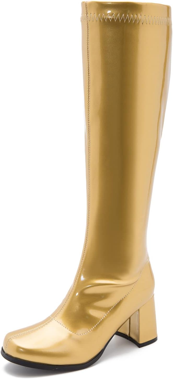 Women's Gogo Knee High Boots - Wide Calf, Square Toe and Chunky Heel with Side Zipper for Disco Costumes - 6