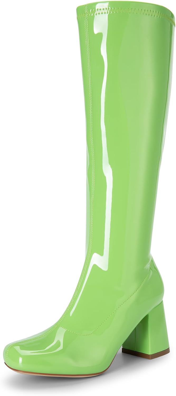 Women's Chunky Gogo Knee High Boots - Wide Calf Square Toe Tall Shafts for Disco Parties and Costume Nights - 9