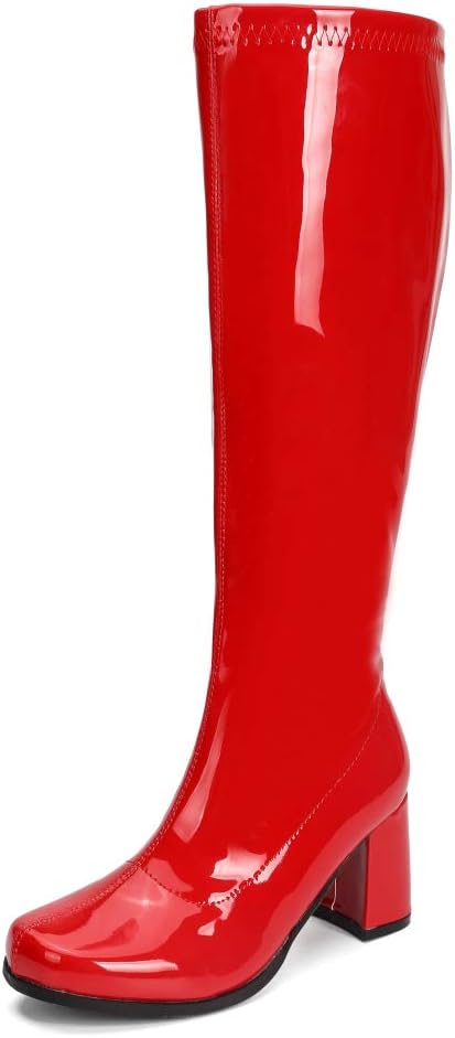 Women's Knee High Gogo Boots - Block Heel, Square Toe and Side Zip for 70s Costumes and Festival Nights - 6