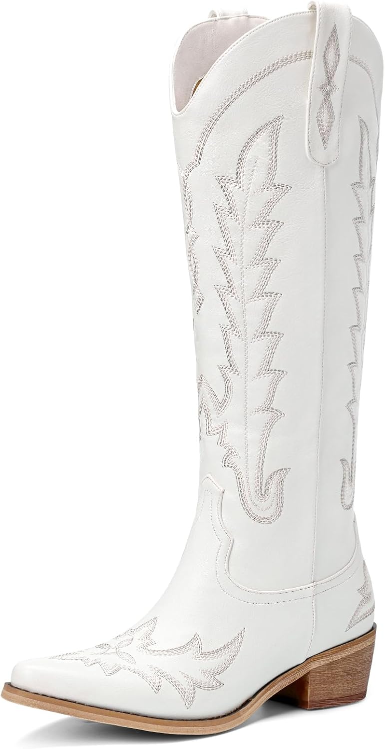 Women's Knee High Cowgirl Boots - Pointed Toe, Chunky Heel and Side Zipper Tall Shafts for Country Events - 6