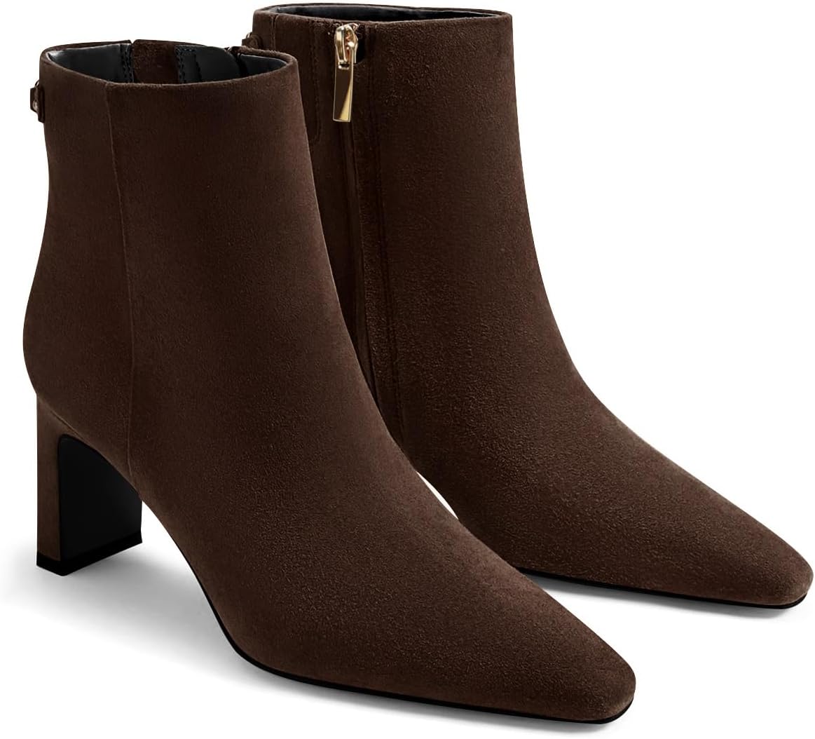 Women's Chunky Heel Ankle Booties - Closed Toe and Side Zipper Winter Dress Boots for Work and Evenings - Chocolate Brow