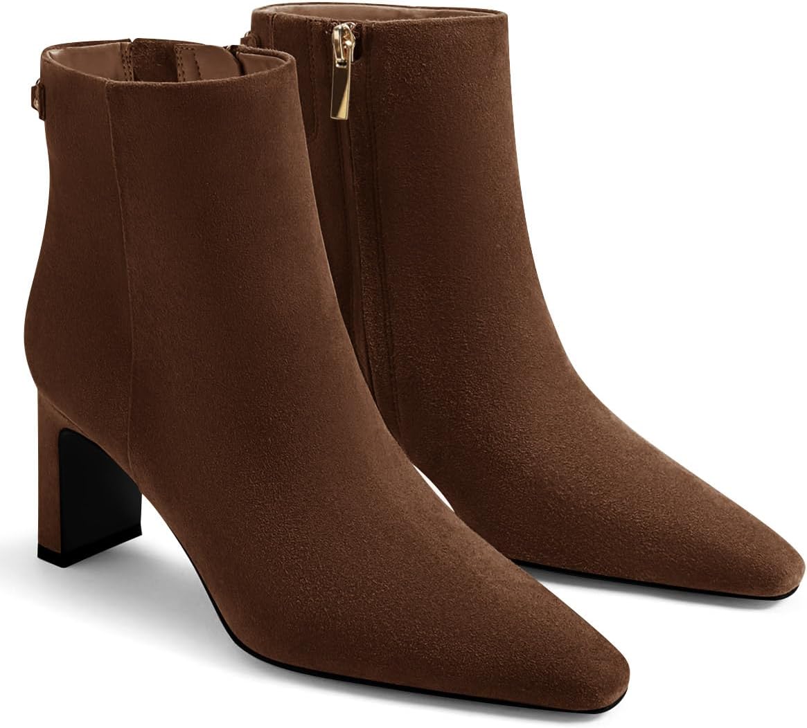 Women's Chunky Heel Ankle Booties - Closed Toe and Side Zipper Winter Dress Boots for Work and Evenings - Brown