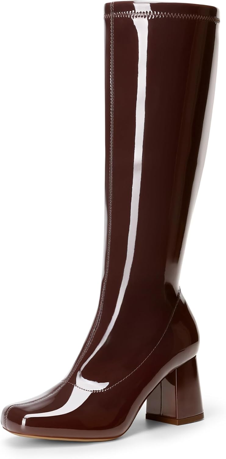 Women's Chunky Gogo Knee High Boots - Wide Calf Square Toe Tall Shafts for Disco Parties and Costume Nights - 9