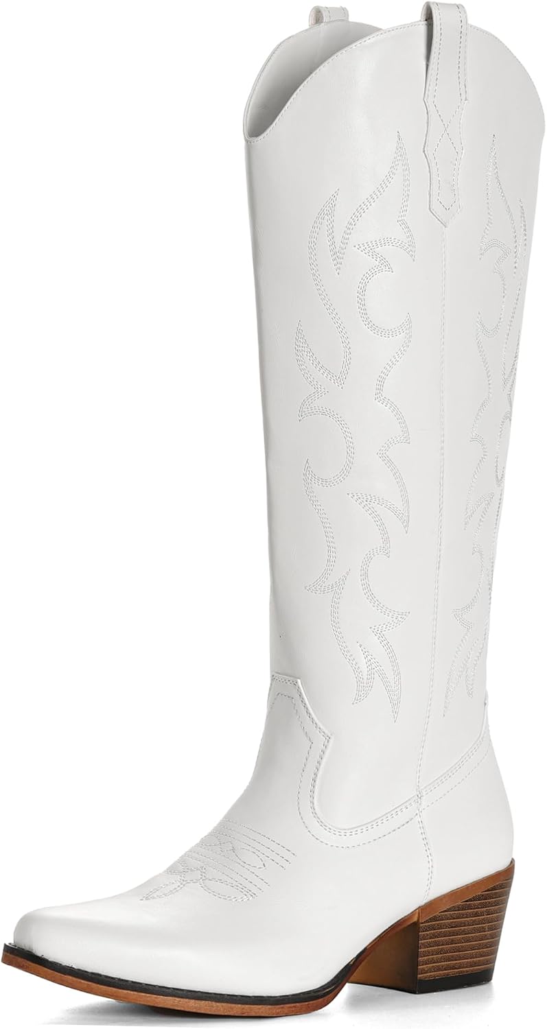 Women's Embroidered Knee High Cowgirl Boots - Wide Calf, Pointed Toe and Chunky Heel for Concerts and Parties - 10