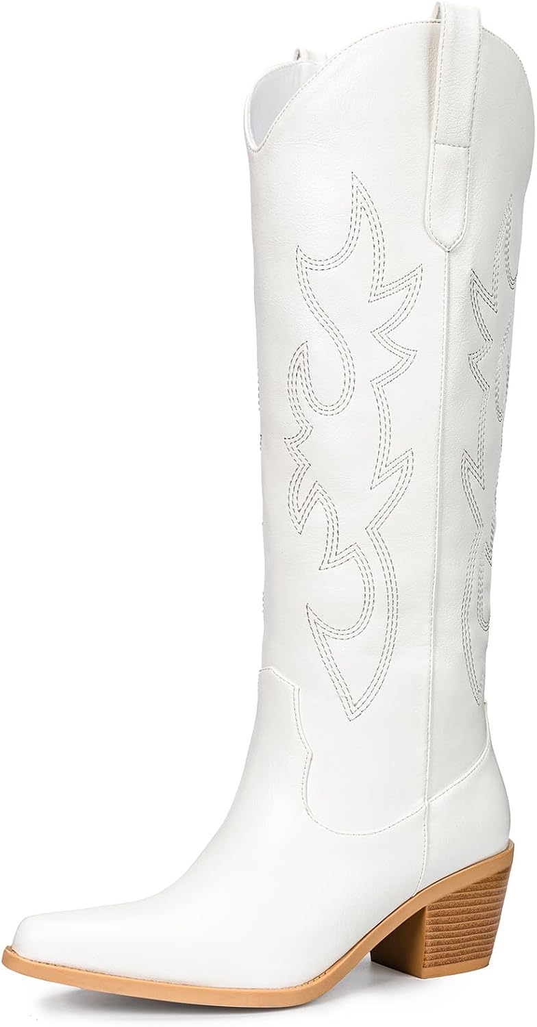 Women's Knee High Cowgirl Boots - Wide Calf, Pointed Toe and Chunky Heel Pull On Tall Boots for Parties - 8