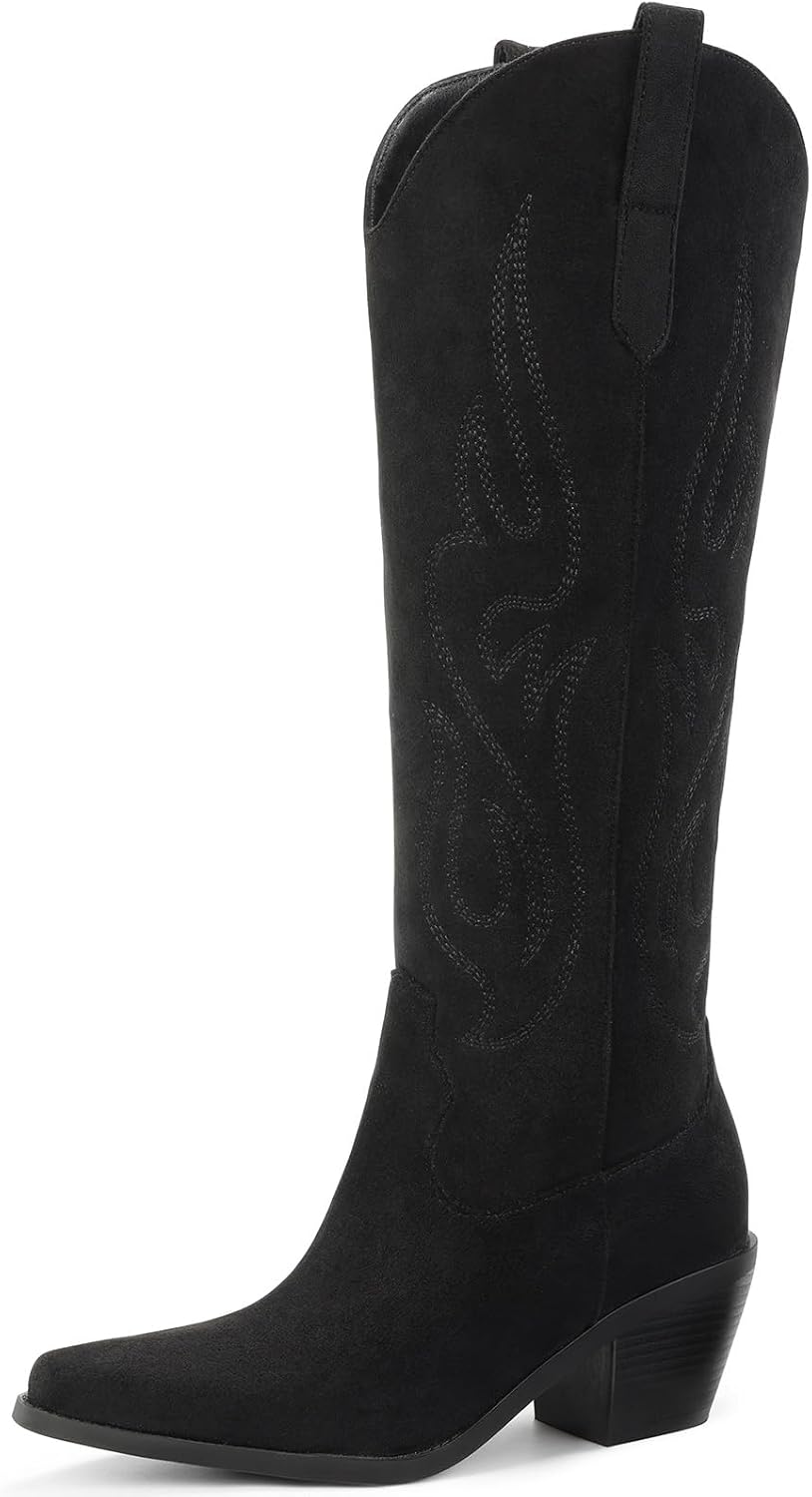 Women's Knee High Cowgirl Boots - Wide Calf, Pointed Toe and Chunky Heel Pull On Tall Boots for Parties - 8
