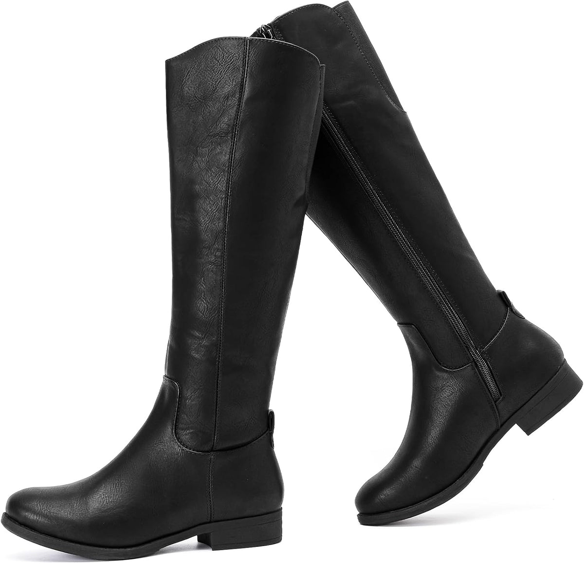 Women's Faux Leather Knee High Riding Boots - Round Toe, Side Zipper and Flat Sole for Daily Wear - 6
