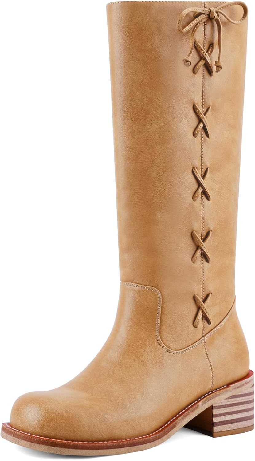Women's Knee High Boots - Square Toe with Chunky Block Low Heel and Long Shafts for Fall Layering - 8 Wide