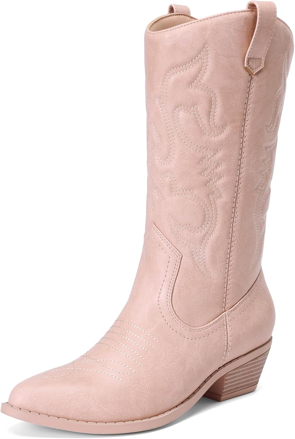 Women's Cowgirl Western Boots - Mid Calf Shafts, Pointed Toe and Low Chunky Heel for Country Music Festivals - 8 Wide