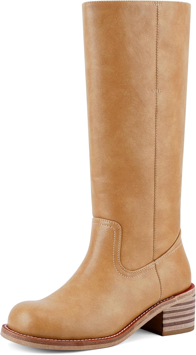 Women's Knee High Boots - Square Toe with Chunky Block Low Heel and Long Shafts for Fall Layering - 6