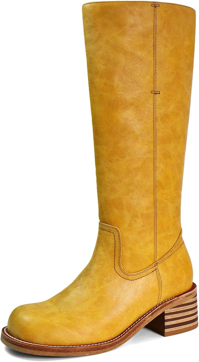 Women's Knee High Boots - Square Toe with Chunky Block Low Heel and Long Shafts for Fall Layering - 6