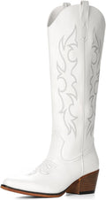 Women's Embroidered Knee High Cowgirl Boots - Wide Calf, Pointed Toe and Chunky Heel for Concerts and Parties - 10