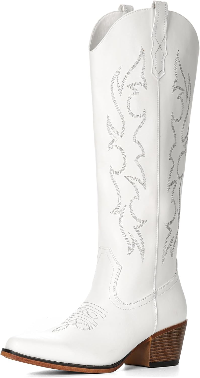 Women's Embroidered Knee High Cowgirl Boots - Wide Calf, Pointed Toe and Chunky Heel for Concerts and Parties - 10