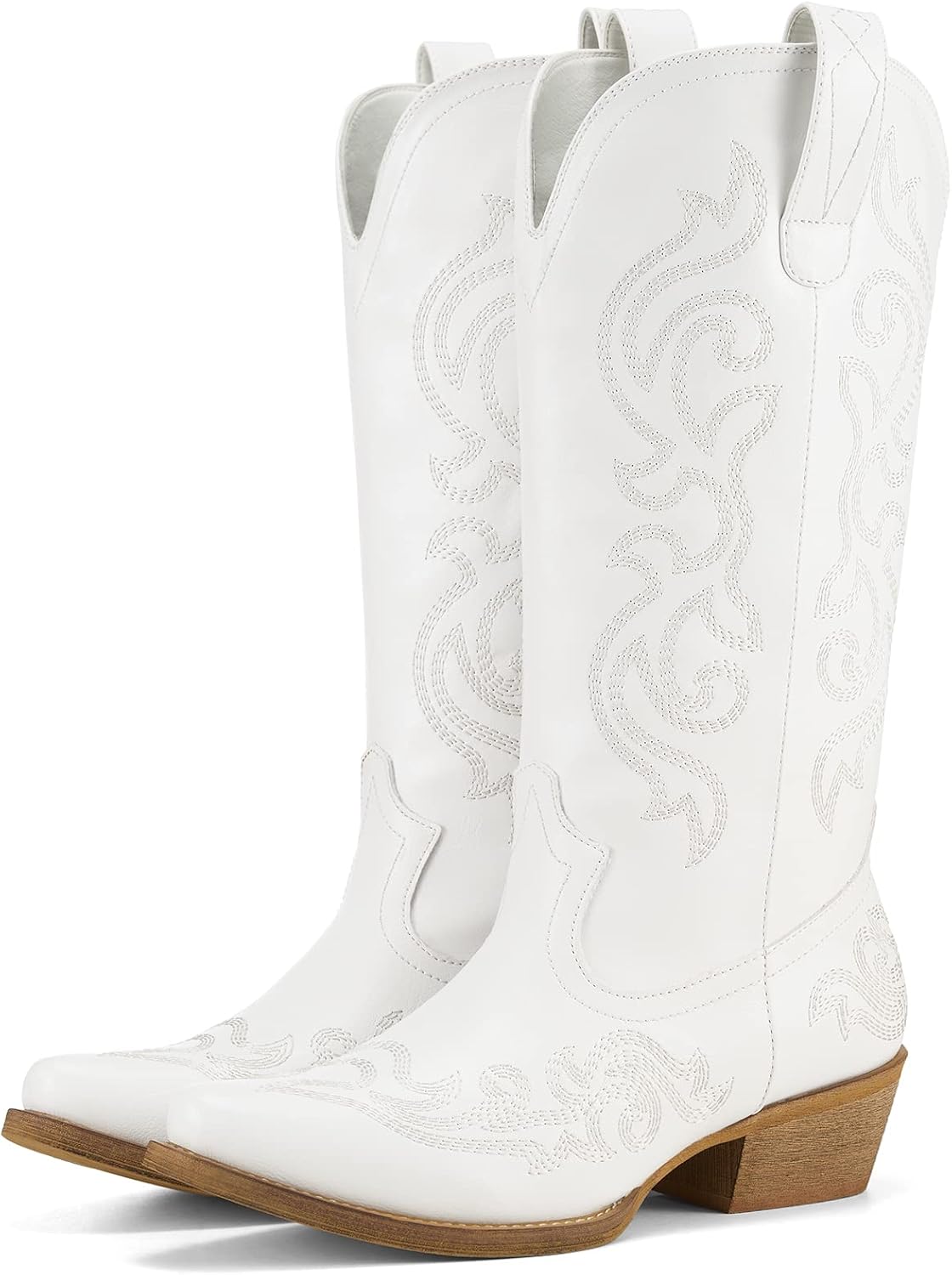 Women's Floral Embroidered Cowgirl Boots - Snip Toe, Wooden Chunky Heel and Pull Up Tabs for Western Nights - 6