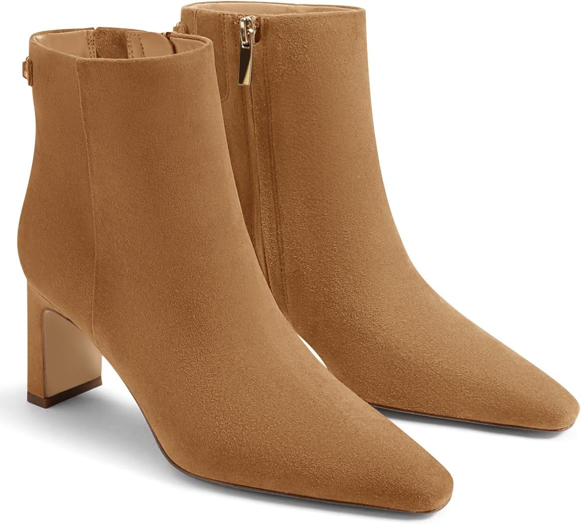 Women's Chunky Heel Ankle Booties - Closed Toe and Side Zipper Winter Dress Boots for Work and Evenings - Brown