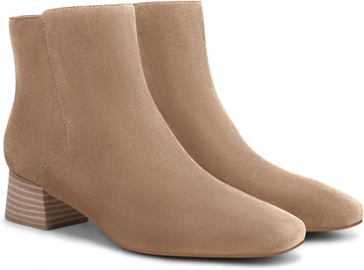 Women's Faux Suede Ankle Boots - 1.9 Inch Block Heel, Square Toe and Side Zipper for Office and Fall Wear - 6