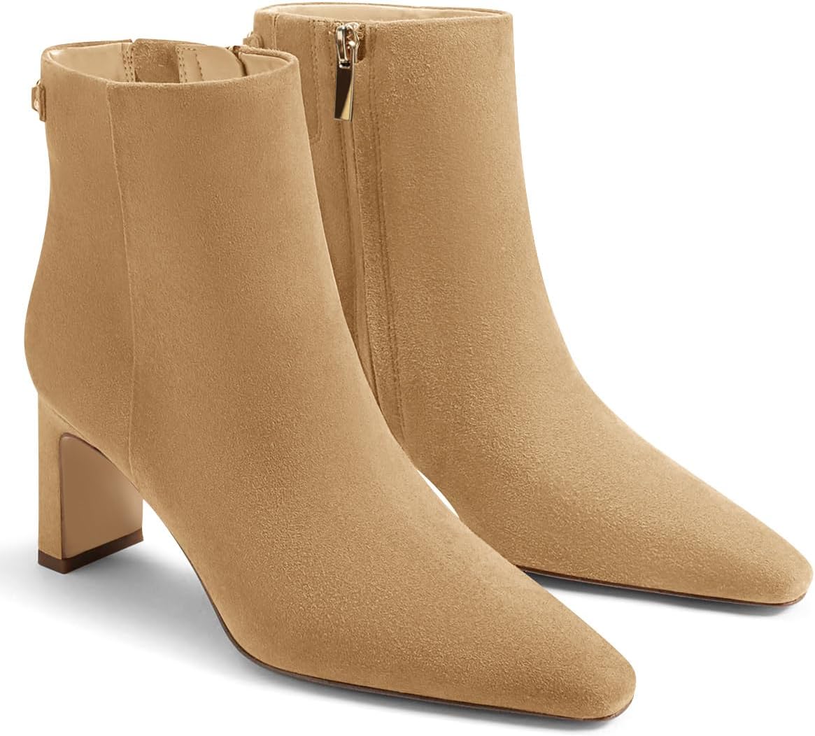 Women's Chunky Heel Ankle Booties - Closed Toe and Side Zipper Winter Dress Boots for Work and Evenings - Brown