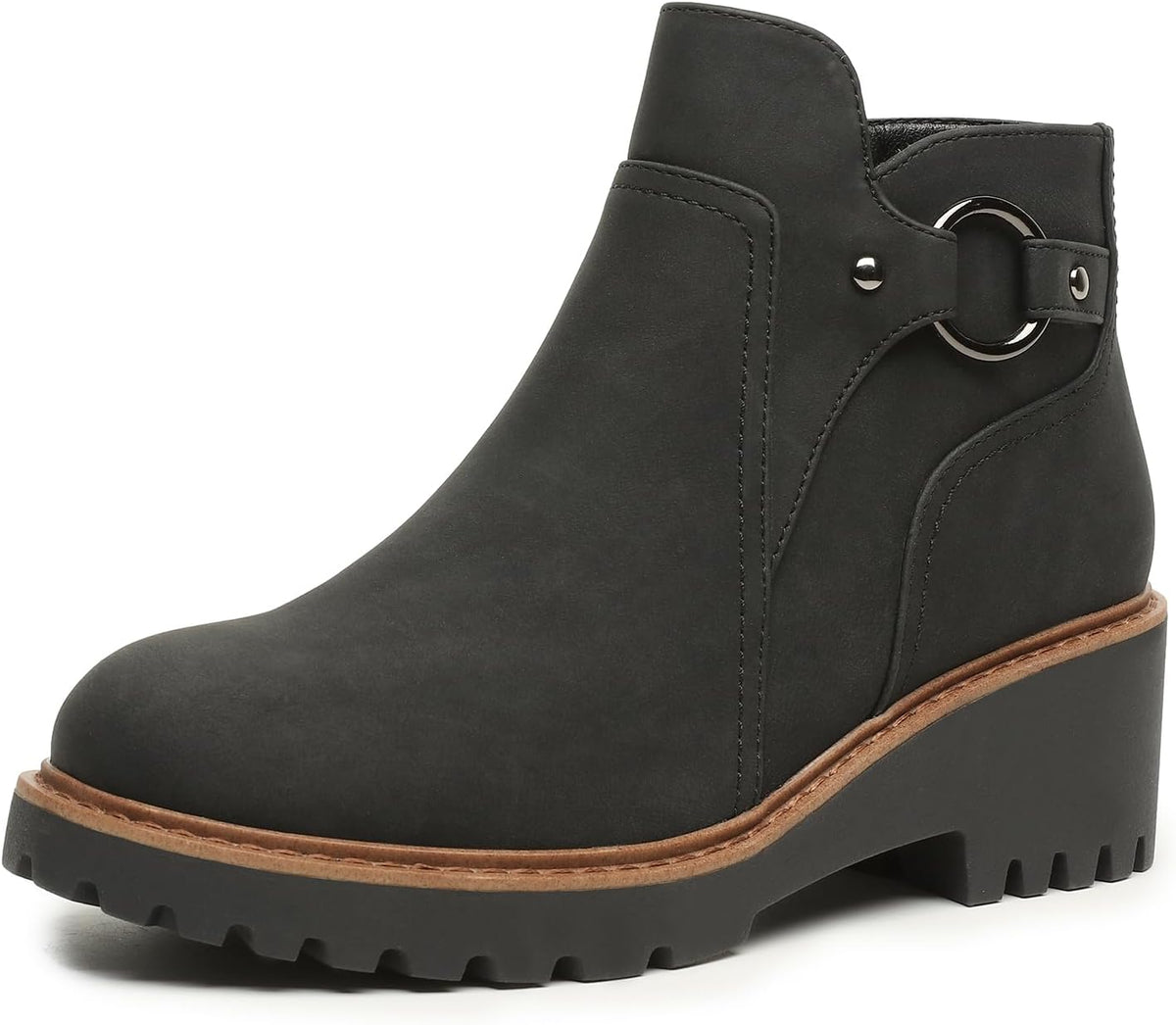 Women's Chunky Low Heel Ankle Booties - Round Toe, Side Zipper and Lug Sole for Office and Daily Walking - 7