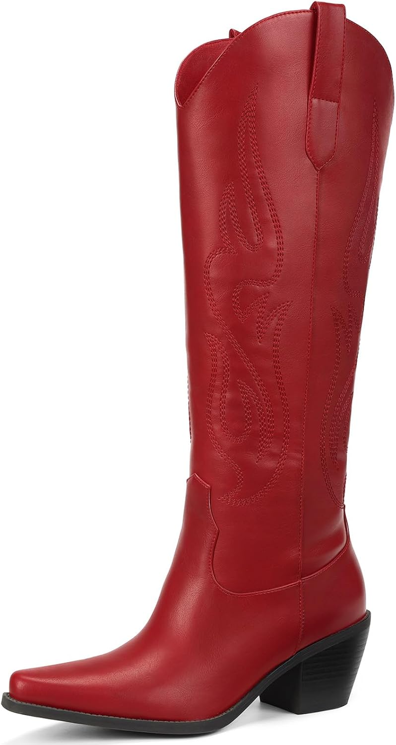 Women's Knee High Cowgirl Boots - Wide Calf, Pointed Toe and Chunky Heel Pull On Tall Boots for Parties - 8