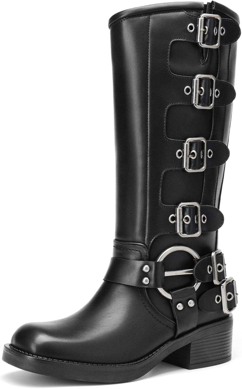 Women's Biker Knee High Boots - Adjustable Buckles, Square Toe and Low Chunky Heel Tall Shafts for Daily Wear - 6