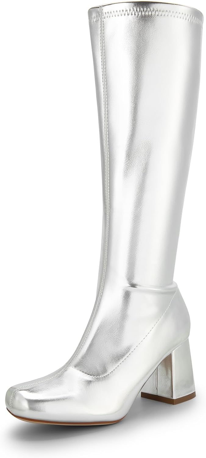 Women's Chunky Gogo Knee High Boots - Wide Calf Square Toe Tall Shafts for Disco Parties and Costume Nights - 9
