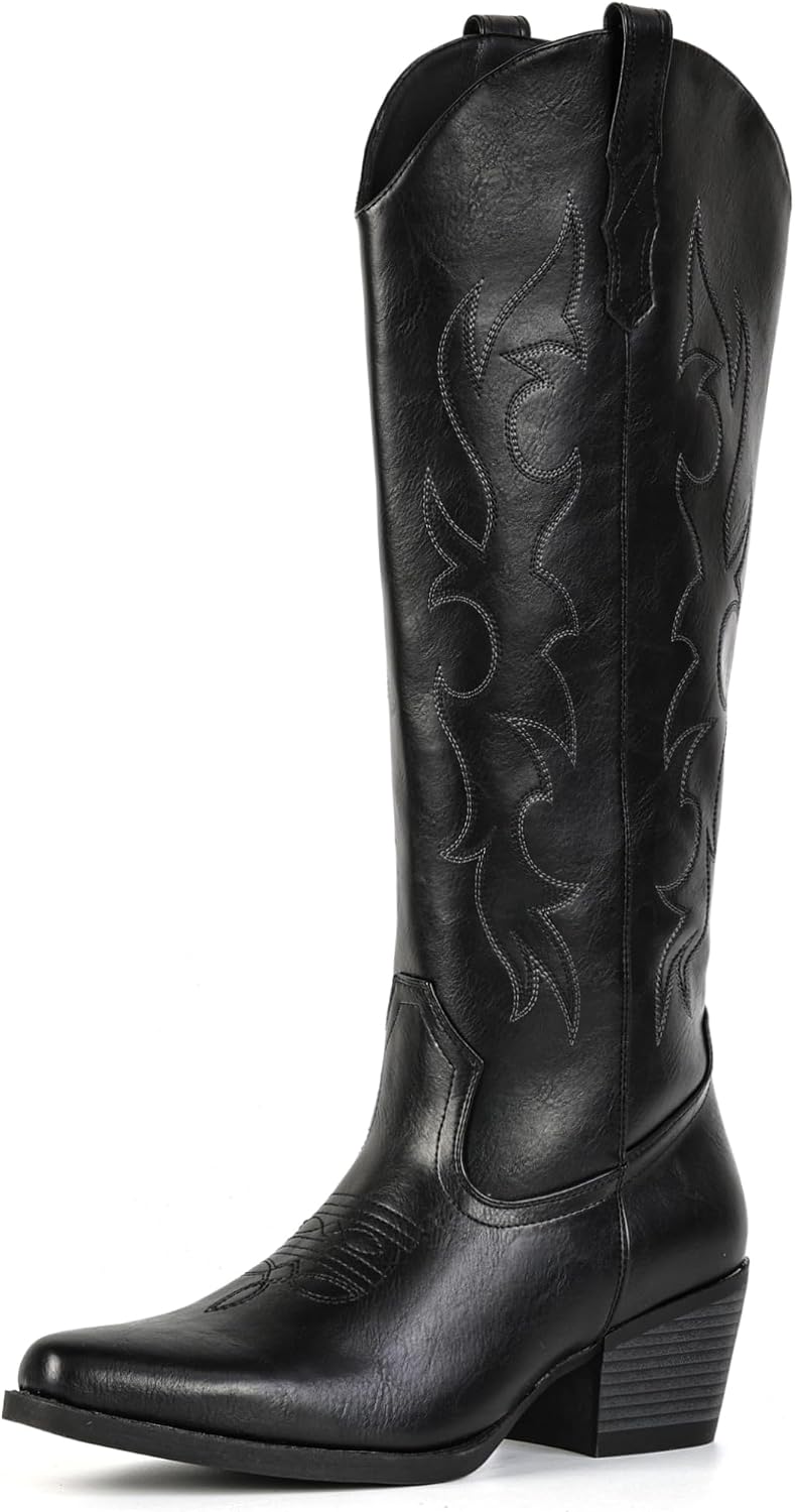 Women's Embroidered Knee High Cowgirl Boots - Wide Calf, Pointed Toe and Chunky Heel for Concerts and Parties - 10