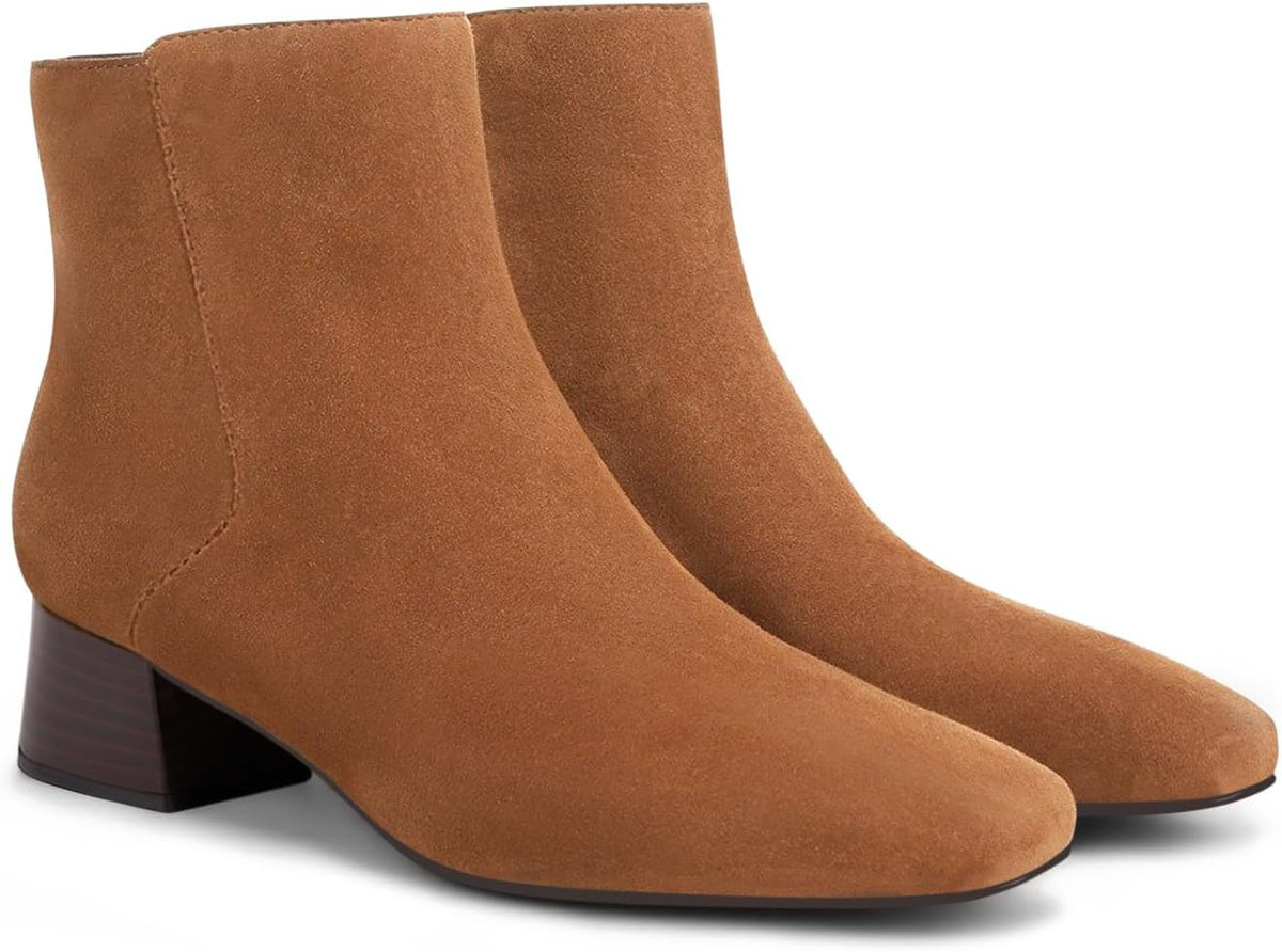Women's Faux Suede Ankle Boots - 1.9 Inch Block Heel, Square Toe and Side Zipper for Office and Fall Wear - 6