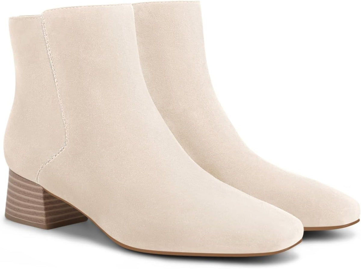 Women's Faux Suede Ankle Boots - 1.9 Inch Block Heel, Square Toe and Side Zipper for Office and Fall Wear - 6